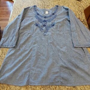 Abrazo style Blue Embroidered Tunic Top dressy casual